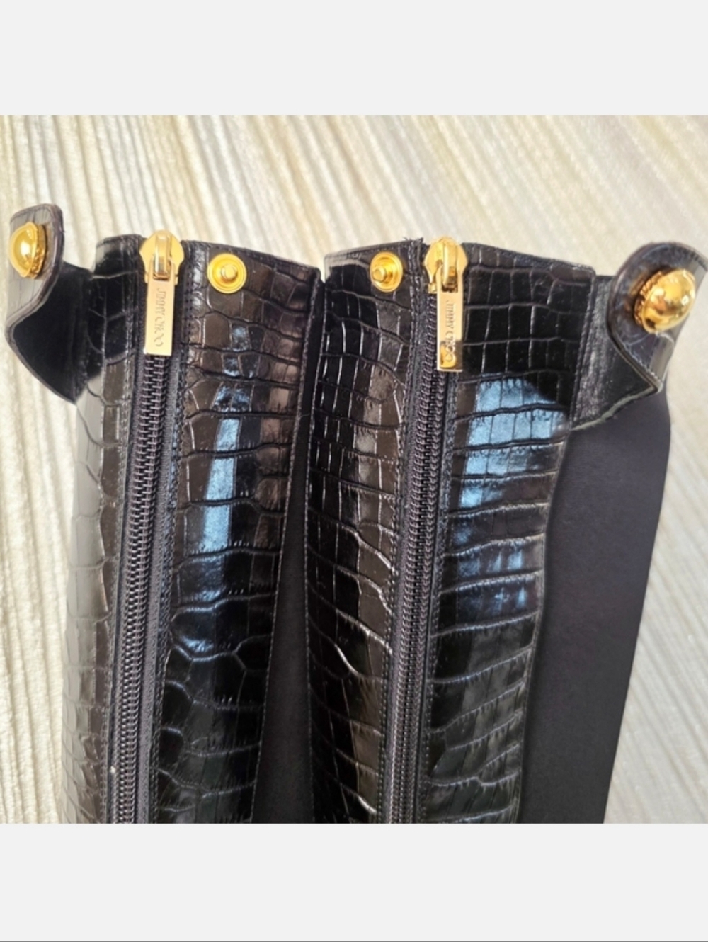 Jimmy Choo Black Croc-Embossed Knee-High Heeled Boots with Stretch Panels US 8 - Picture 11 of 16